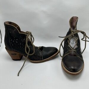 Women's Black Lace-Up Cutout Ankle Booties with Stacked Heel